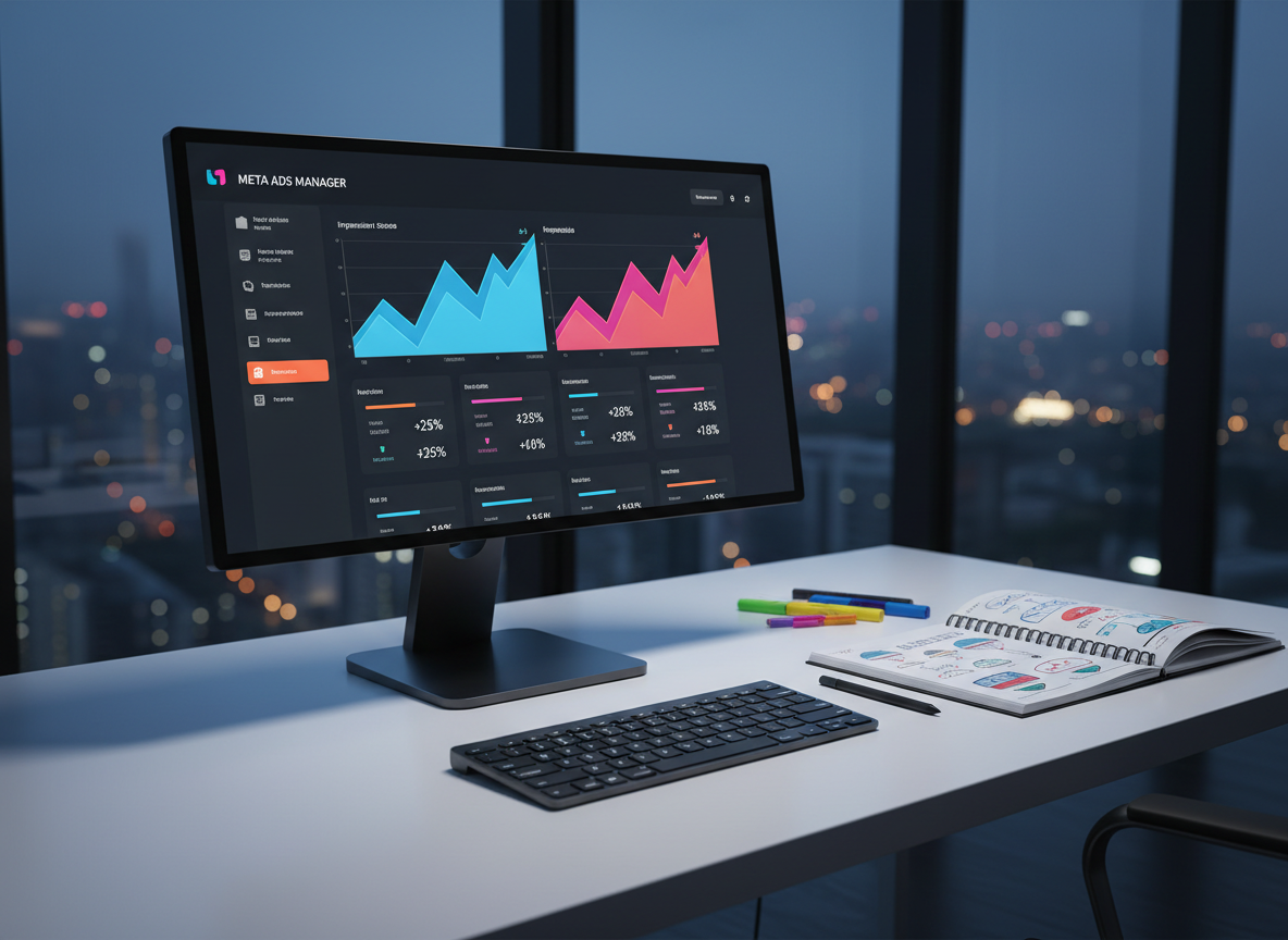 A sleek, ultra-modern workspace featuring a large, matte-black monitor displaying a bold, colorful Meta ads dashboard with clear performance graphs and rising metrics. The screen stands on a clean white desk with a brushed aluminum keyboard and a notebook open to hand-drawn ad concepts and funnel diagrams. The setting is a glass-walled high-rise office at dusk, city lights beginning to glow outside in a soft bokeh blur. Cool, directional studio lighting highlights the monitor and desk surface, casting sharp, confident shadows. Shot at eye level with a shallow depth of field, the composition centers the screen while hinting at strategic planning tools around it. The mood is bold, data-driven, and high-performance, rendered in sharp photographic realism with a clean, contemporary aesthetic.